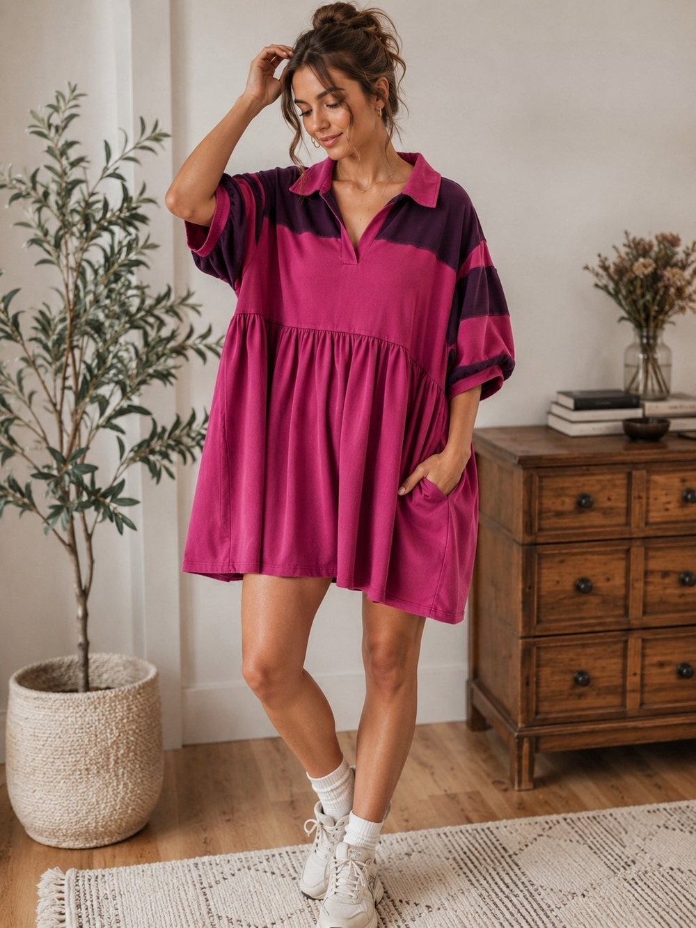 Free People Remi Rugby Mini Dress Wineberry LG Oversized Babydoll Boho Collared - Picture 8 of 13